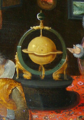 Cornelis Drebbel's Perpetuum Mobile, detail from Hieronymus Francken the Younger, The Archdukes Albert and Isabella Visiting a Collector's Cabinet, The Walters Art Museum, Baltimore. Compare the shadowy device at no. 43 in the zoomable image of the Linder Gallery 